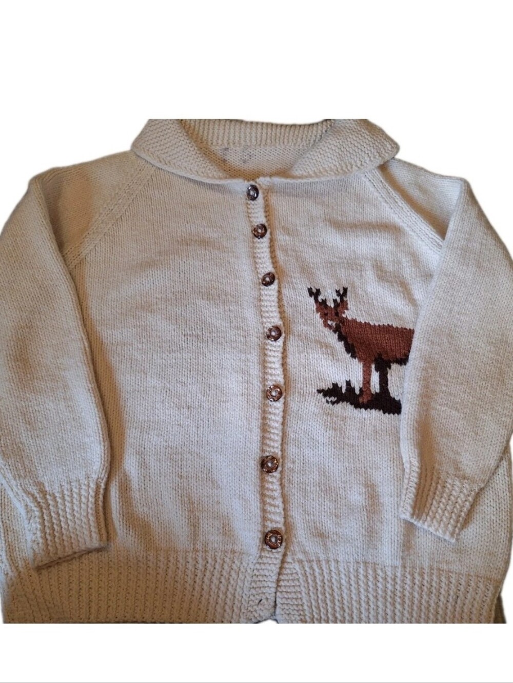 Vintage Cowichan Style Cream White Deer Nature Cottage Sweater XL